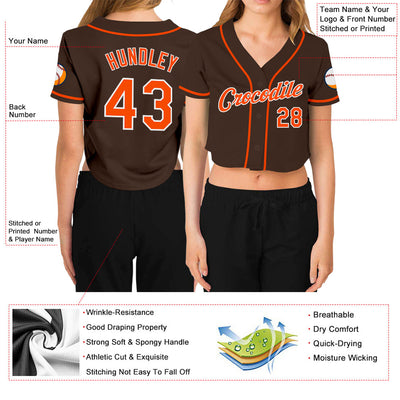 Custom Women's Brown Orange-White V-Neck Cropped Baseball Jersey - Owls Matrix LTD