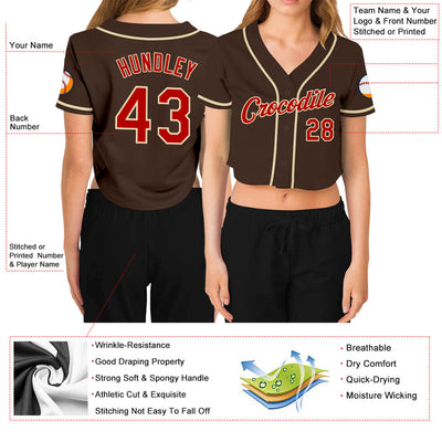 Custom Women's Brown Red-Cream V-Neck Cropped Baseball Jersey - Owls Matrix LTD