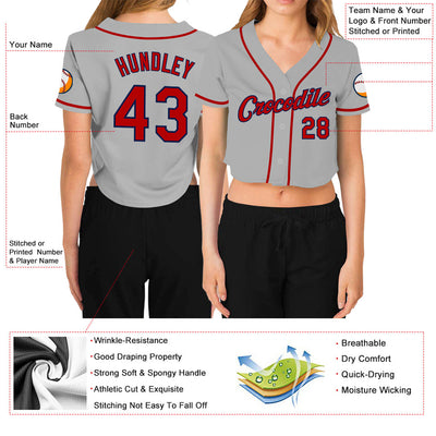 Custom Women's Gray Red-Navy V-Neck Cropped Baseball Jersey - Owls Matrix LTD