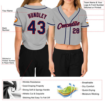 Custom Women's Gray Navy-Red V-Neck Cropped Baseball Jersey - Owls Matrix LTD