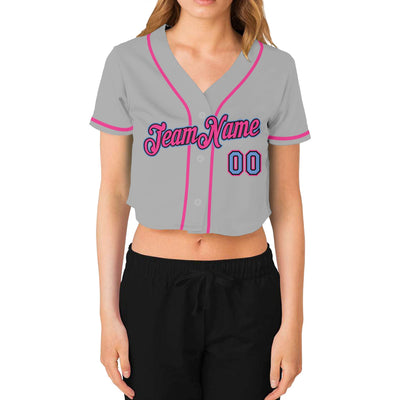 Custom Women's Gray Light Blue Black-Pink V-Neck Cropped Baseball Jersey - Owls Matrix LTD
