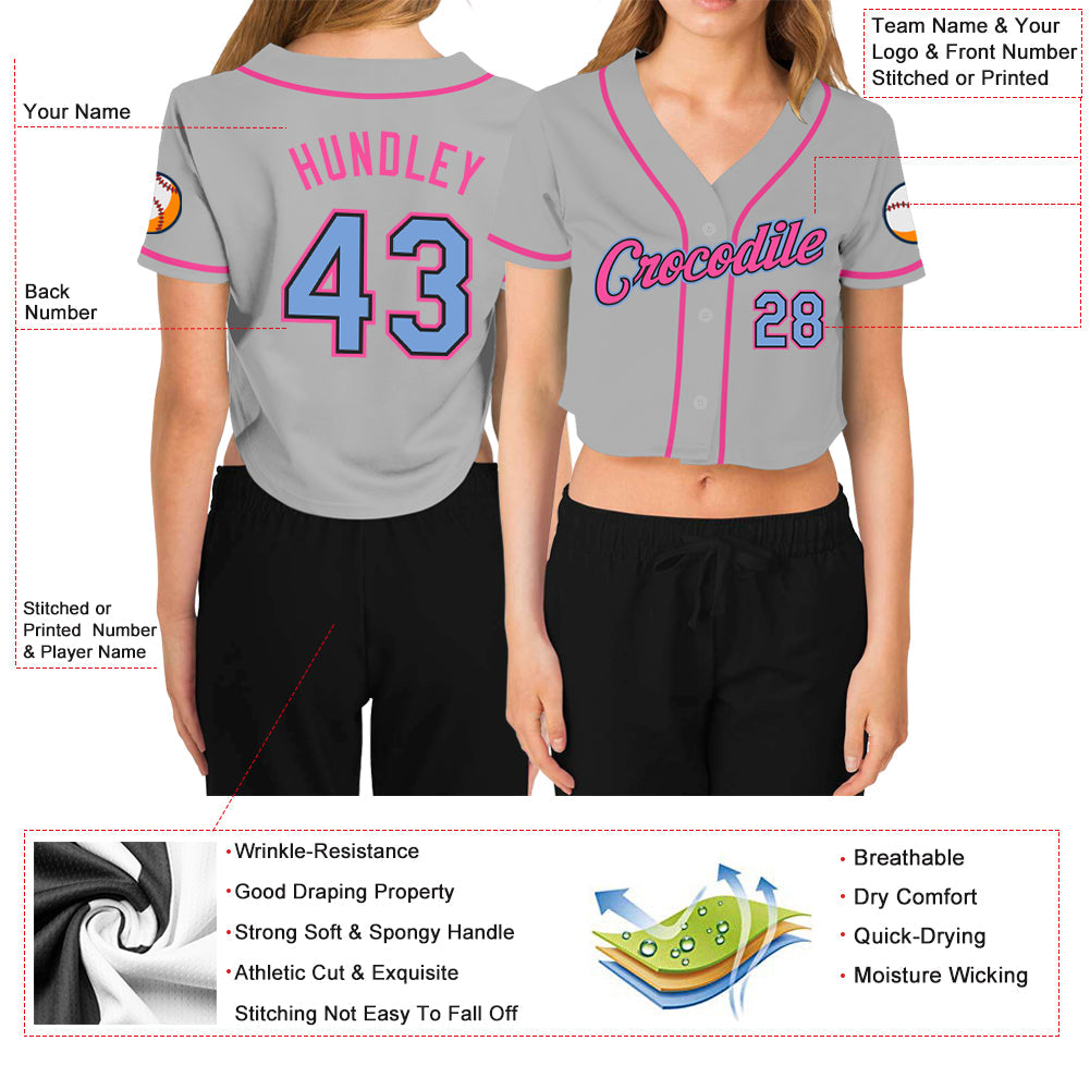 Custom Women's Gray Light Blue Black-Pink V-Neck Cropped Baseball Jersey - Owls Matrix LTD