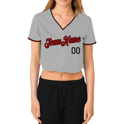 Custom Women's Gray Red-Black V-Neck Cropped Baseball Jersey - Owls Matrix LTD