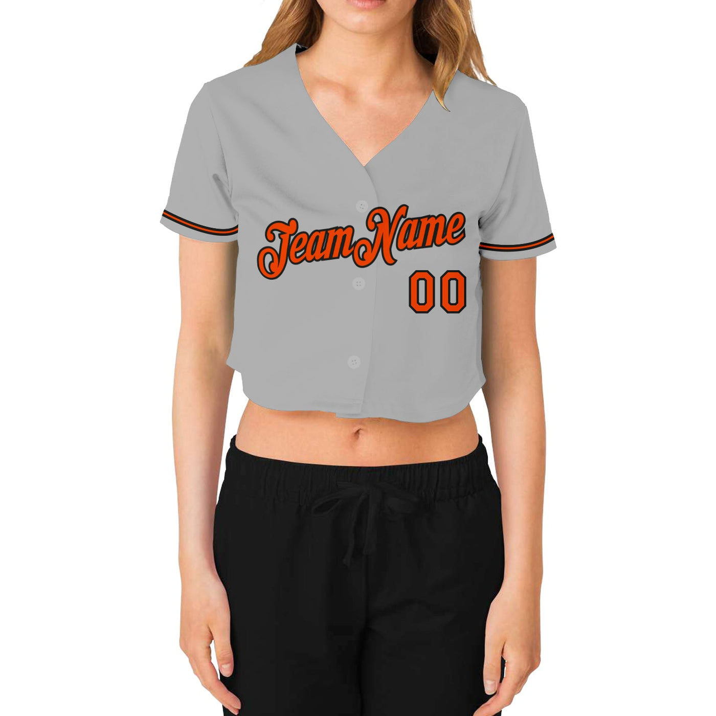 Custom Women's Gray Orange-Black V-Neck Cropped Baseball Jersey - Owls Matrix LTD