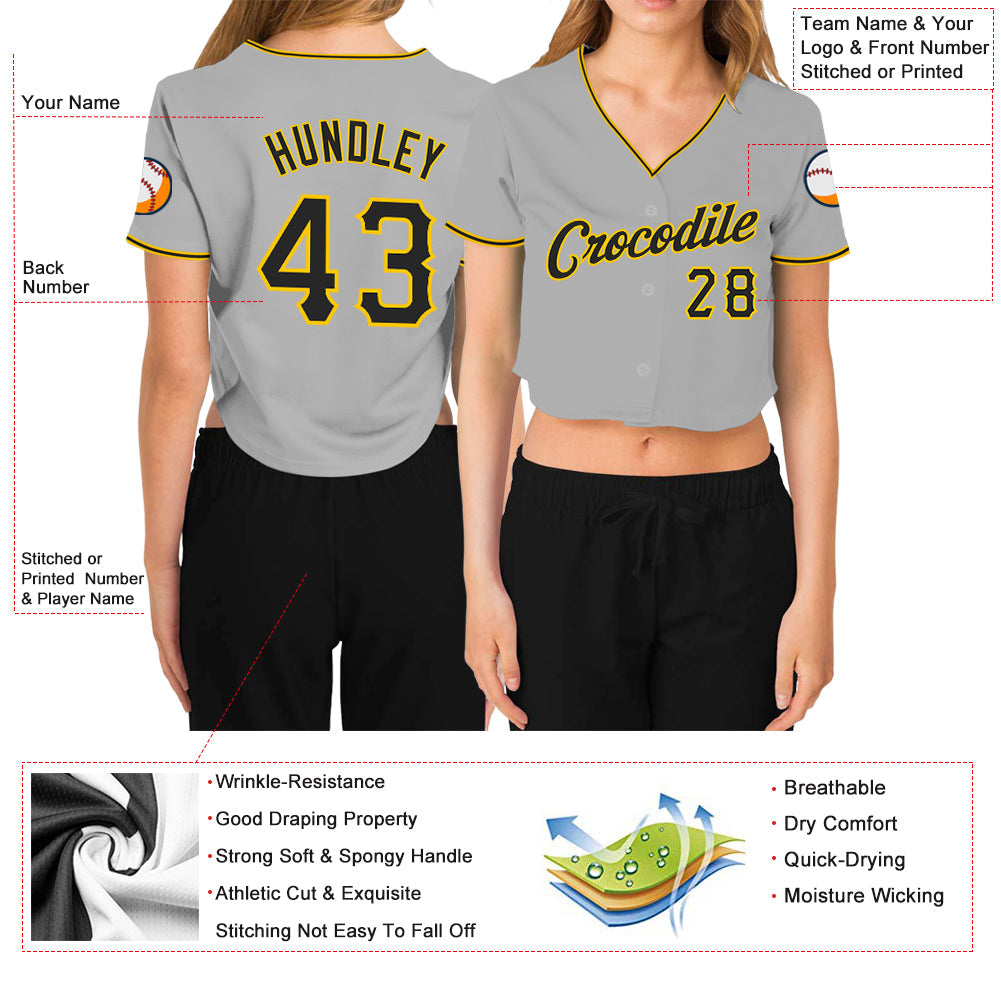 Custom Women's Gray Black-Gold V-Neck Cropped Baseball Jersey - Owls Matrix LTD