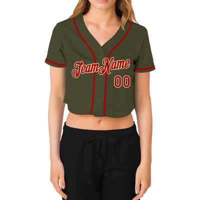 Custom Women's Olive Red-Cream Salute To Service V-Neck Cropped Baseball Jersey - Owls Matrix LTD