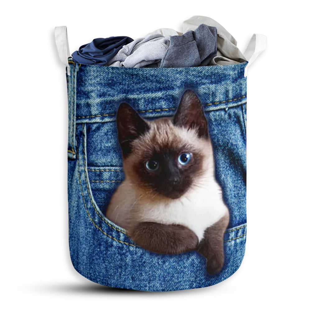 Cat Cute Siamese Cat Jean Pocket - Laundry Basket - Owls Matrix LTD