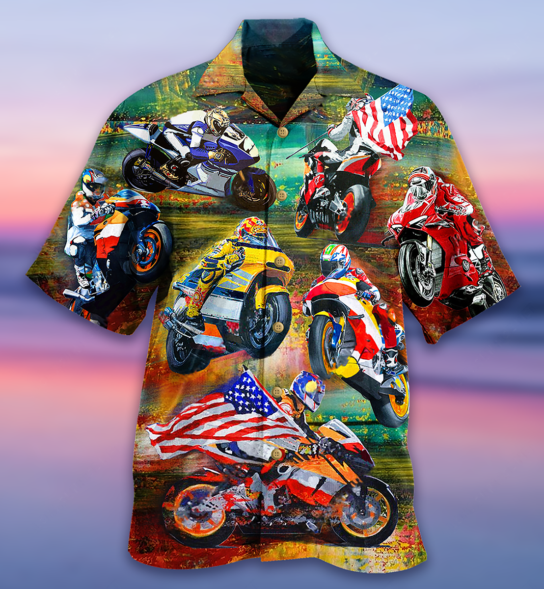 Motorcycle Racing America Flag - Hawaiian Shirt - Owls Matrix LTD