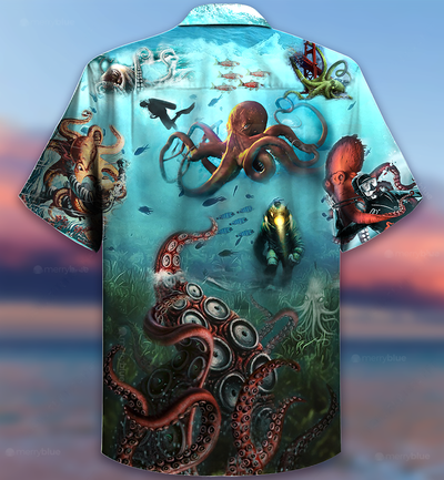 Octopus Giant And Diver - Hawaiian Shirt - Owls Matrix LTD