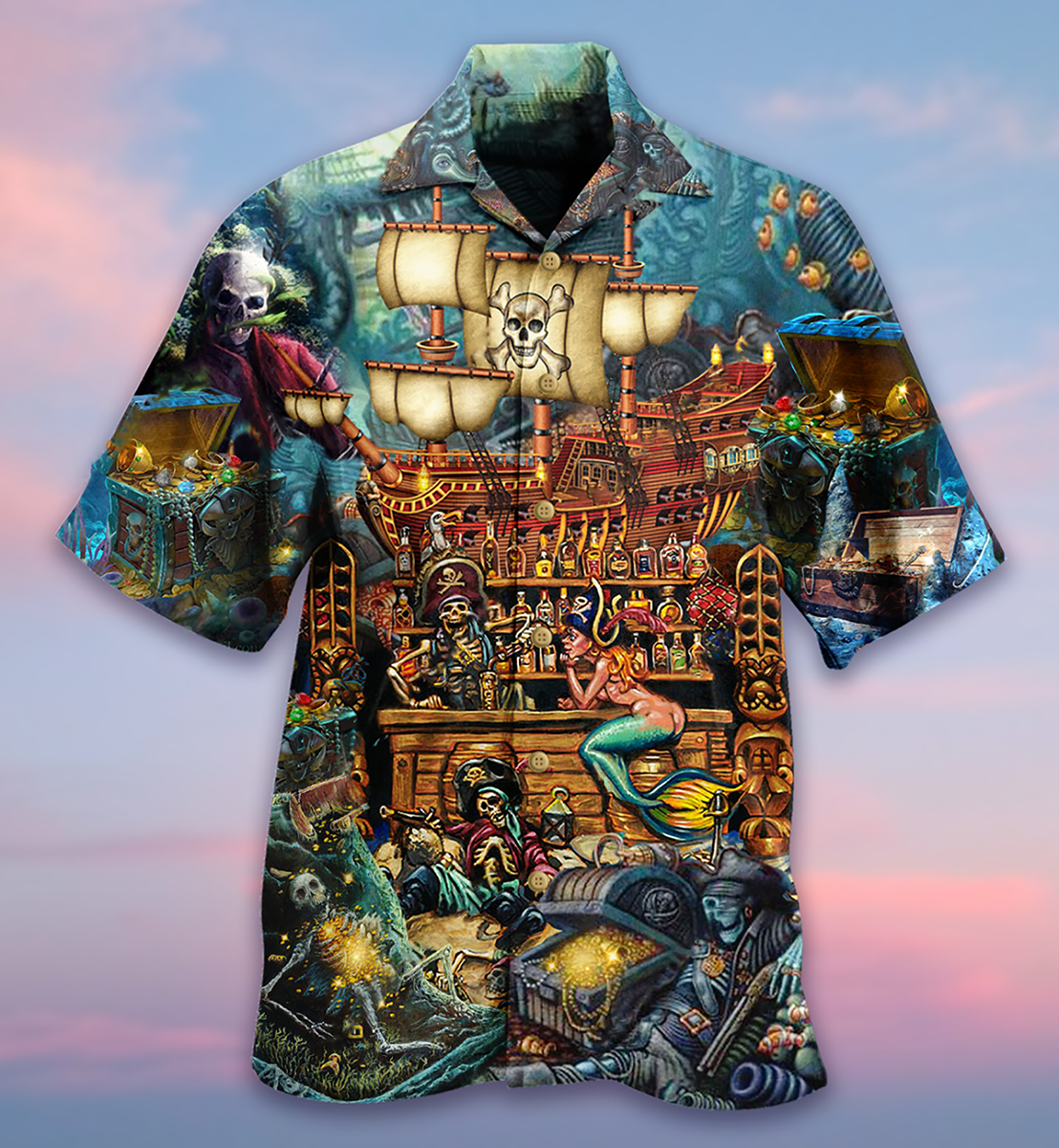 Skull Pirate Treasure Night On The Sea Style - Hawaiian Shirt - Owls Matrix LTD