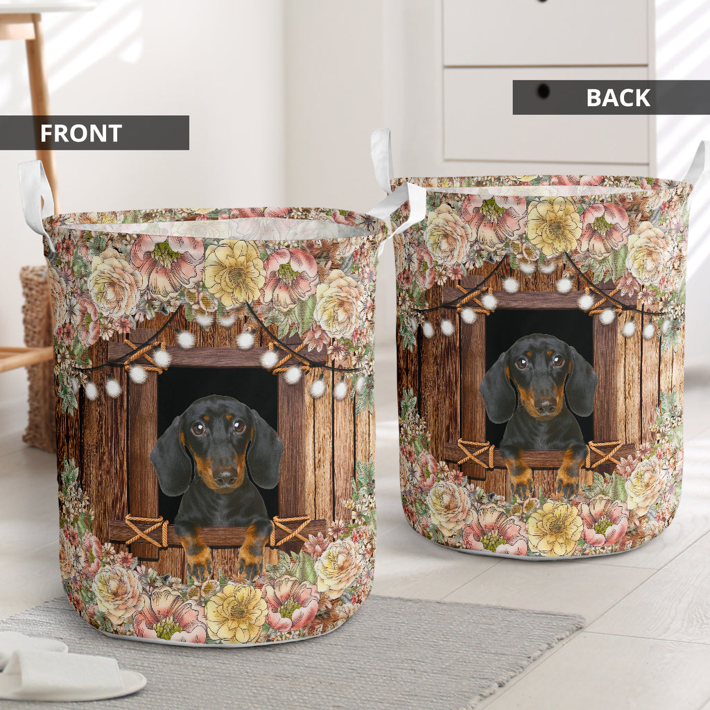 Dachshund Flower Wood - Laundry Basket - Owls Matrix LTD