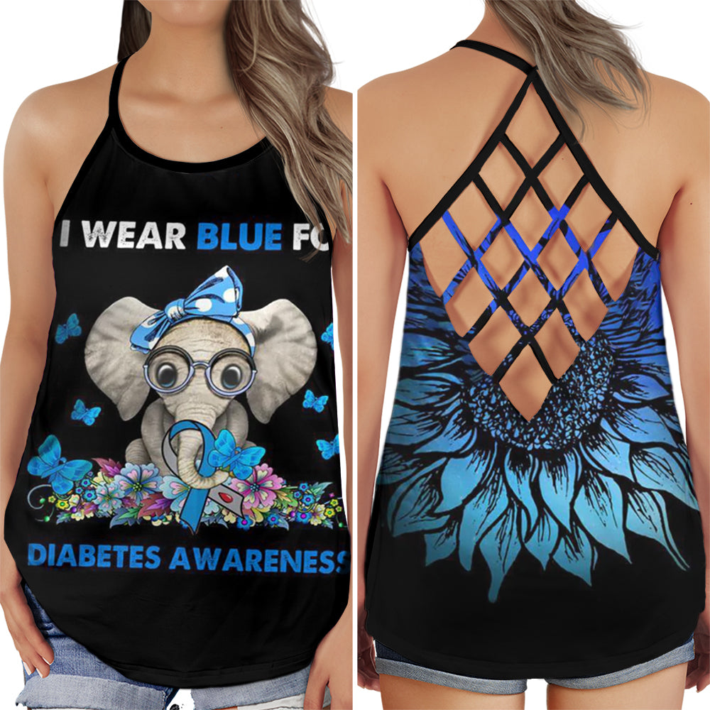 S Diabetes Awareness Elephant Blue - Cross Open Back Tank Top - Owls Matrix LTD