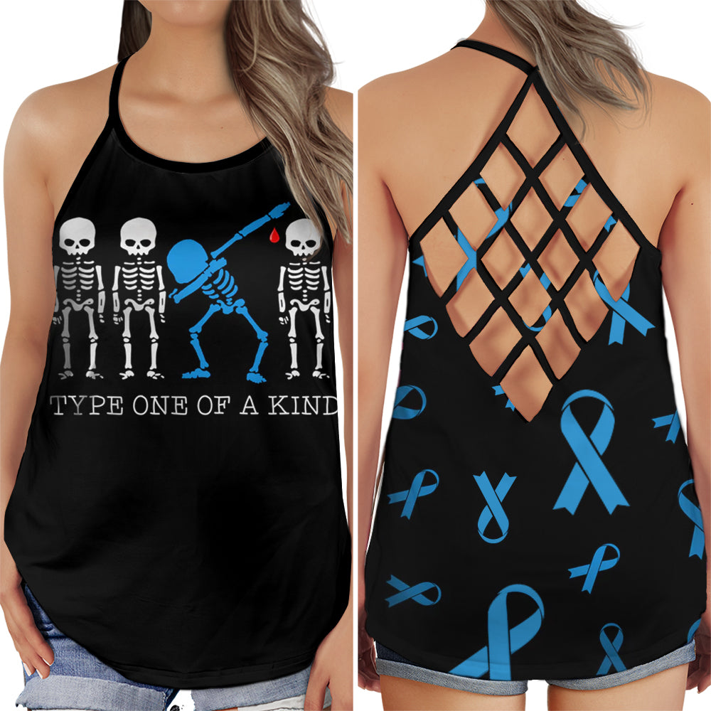 S Diabetes Awareness Summer: Type One Of A Kind With White And Blue Color - Cross Open Back Tank Top - Owls Matrix LTD