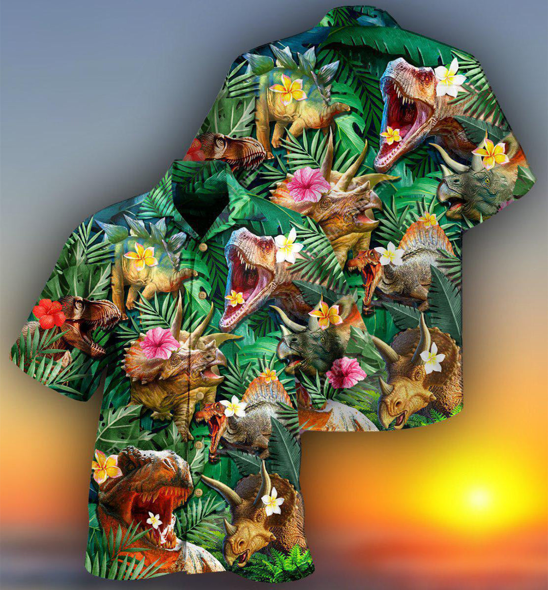 Dinosaur Aloha Style Tropical Floral - Hawaiian Shirt - Owls Matrix LTD