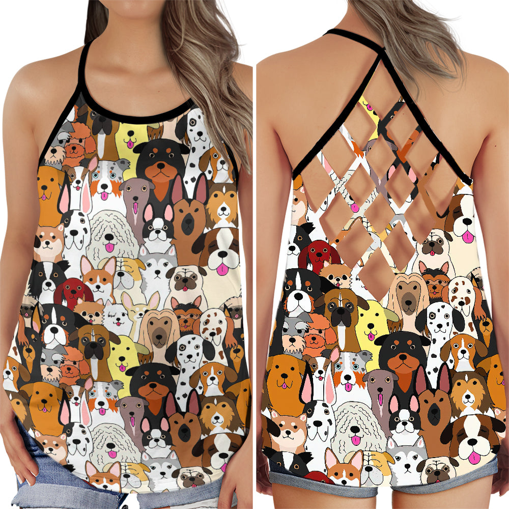 S Dog Love With Hundred Of Dogs - Cross Open Back Tank Top - Owls Matrix LTD