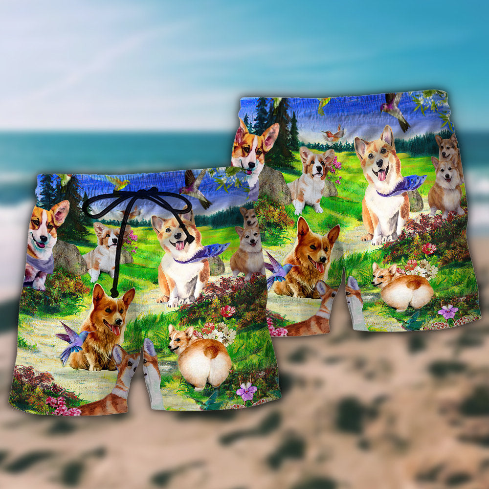 Corgi Dogs Love Sky Floral - Beach Short - Owls Matrix LTD