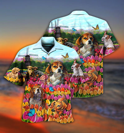 Dogs Lovely Romantic Tulip Garden - Hawaiian Shirt - Owls Matrix LTD