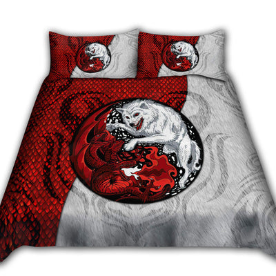 US / Twin (68" x 86") Dragon And Wolf White And Red - Bedding Cover - Owls Matrix LTD