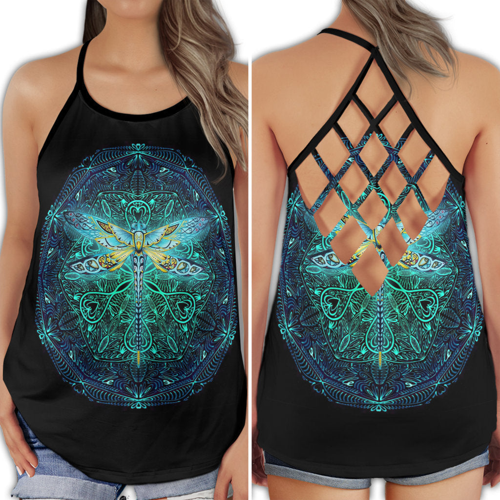 S Dragonfly Loves Sky Style With Blue and Black - Cross Open Back Tank Top - Owls Matrix LTD