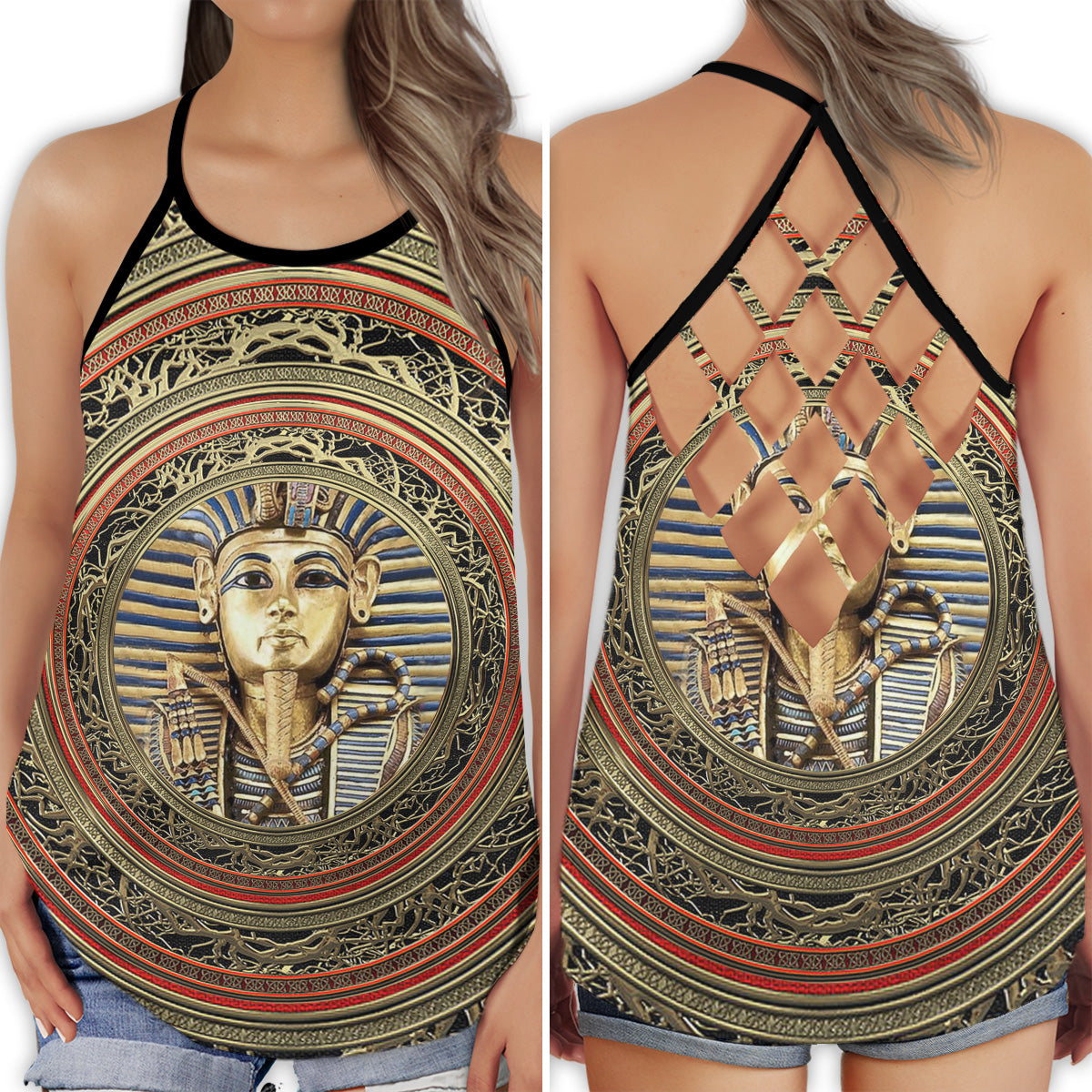 S Egypt Legendary Cool Pattern Style - Cross Open Back Tank Top - Owls Matrix LTD