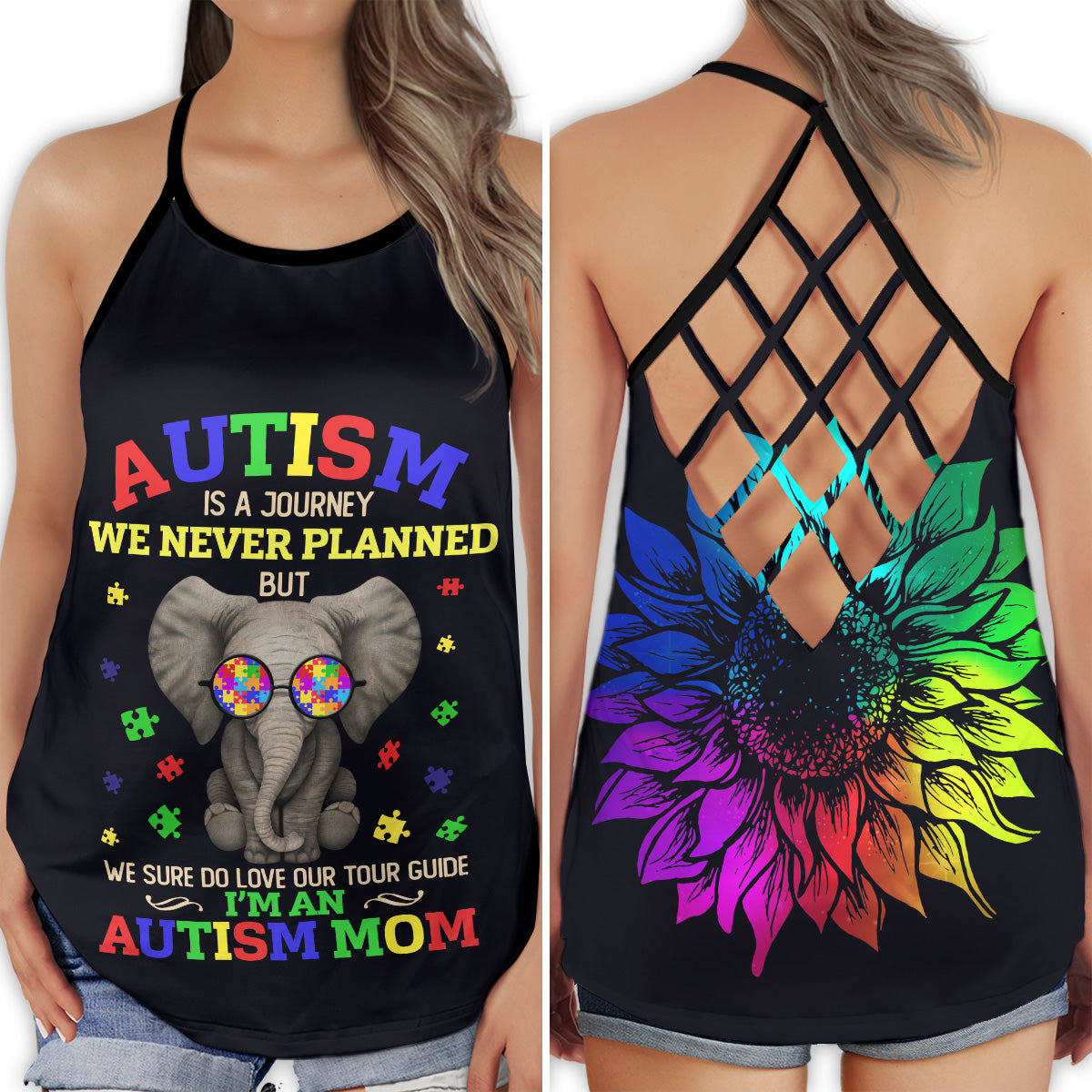 S Autism Awareness Elephent Autism Mom - Cross Open Back Tank Top - Owls Matrix LTD