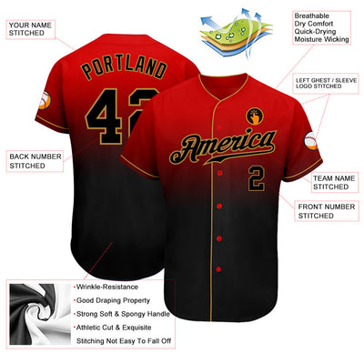 Custom Red Black-Old Gold Authentic Fade Fashion Baseball Jersey - Owls Matrix LTD