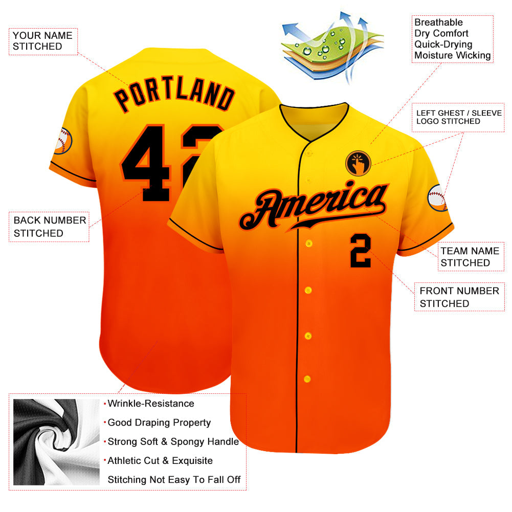 Custom Gold Black-Orange Authentic Fade Fashion Baseball Jersey - Owls Matrix LTD
