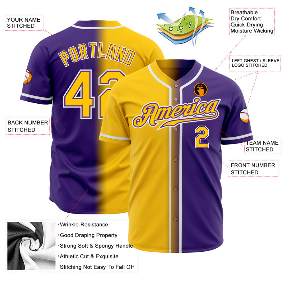 Custom Purple Gold-White Authentic Fade Fashion Baseball Jersey - Owls Matrix LTD