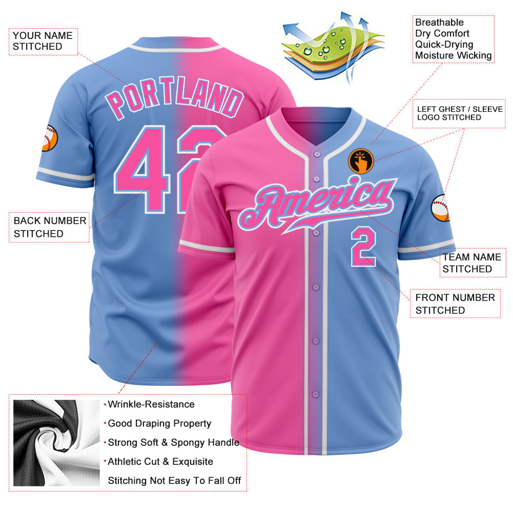 Custom Light Blue Pink-White Authentic Fade Fashion Baseball Jersey - Owls Matrix LTD