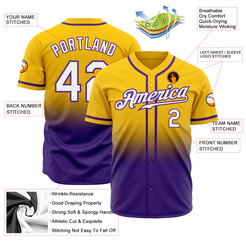 Custom Gold White-Purple Authentic Fade Fashion Baseball Jersey