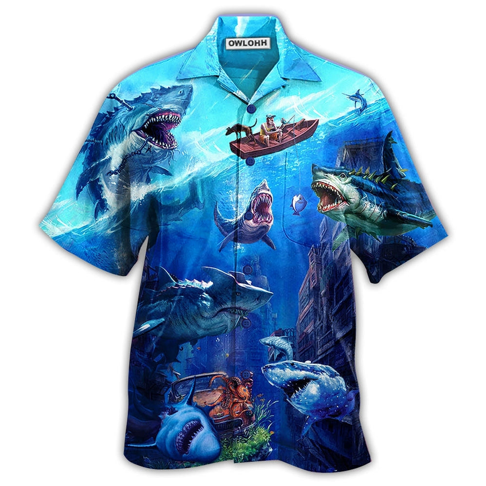 Hawaiian Shirt / Adults / S Shark Fishing Shark With Small Ship Blue Ocean - Hawaiian Shirt - Owls Matrix LTD