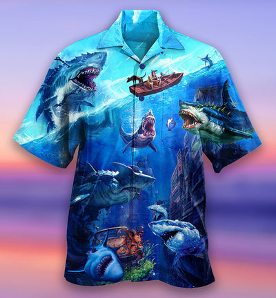 Shark Fishing Shark With Small Ship Blue Ocean - Hawaiian Shirt - Owls Matrix LTD