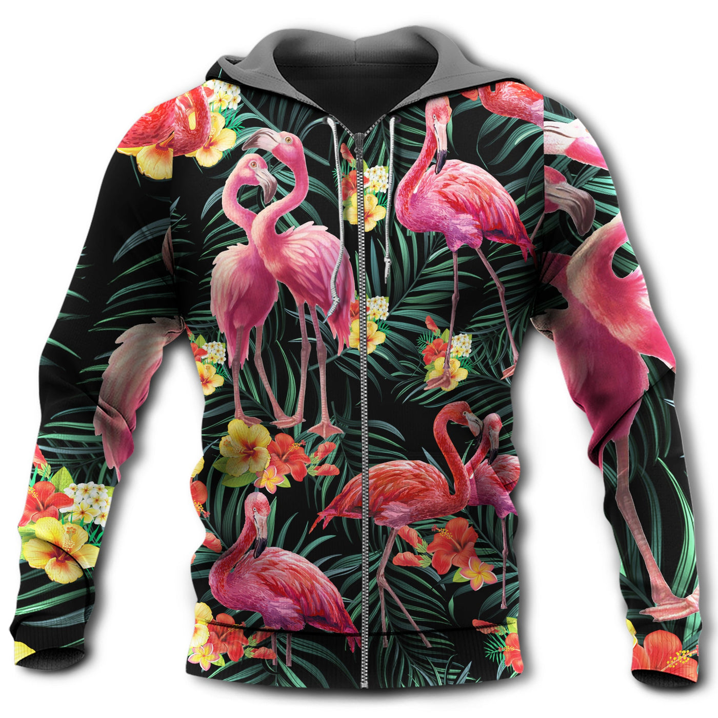 Zip Hoodie / S Flamingo Couple Love Flowers - Hoodie - Owls Matrix LTD