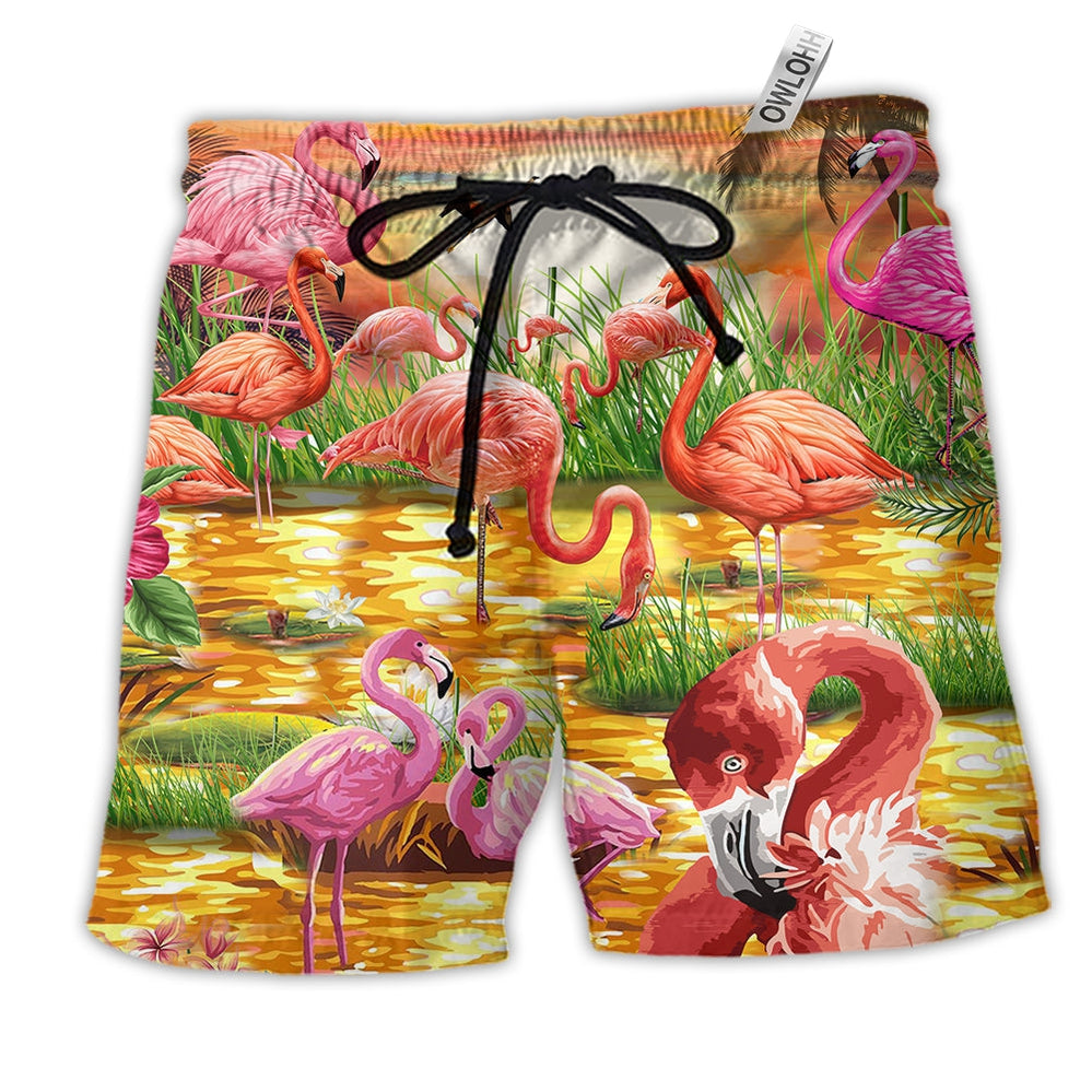 Beach Short / Adults / S Flamingo Romantic Sunset With Flamingo - Beach Short - Owls Matrix LTD
