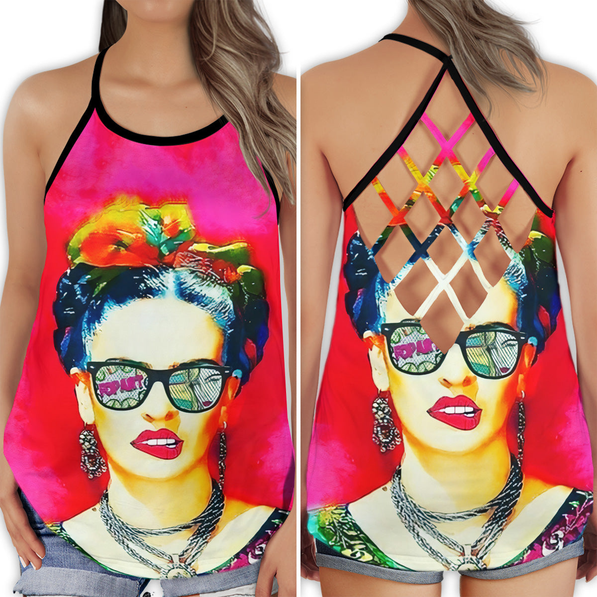 S Frida Kahlo Loves Peace Life Pink Style - Cross Open Back Tank Top - Owls Matrix LTD