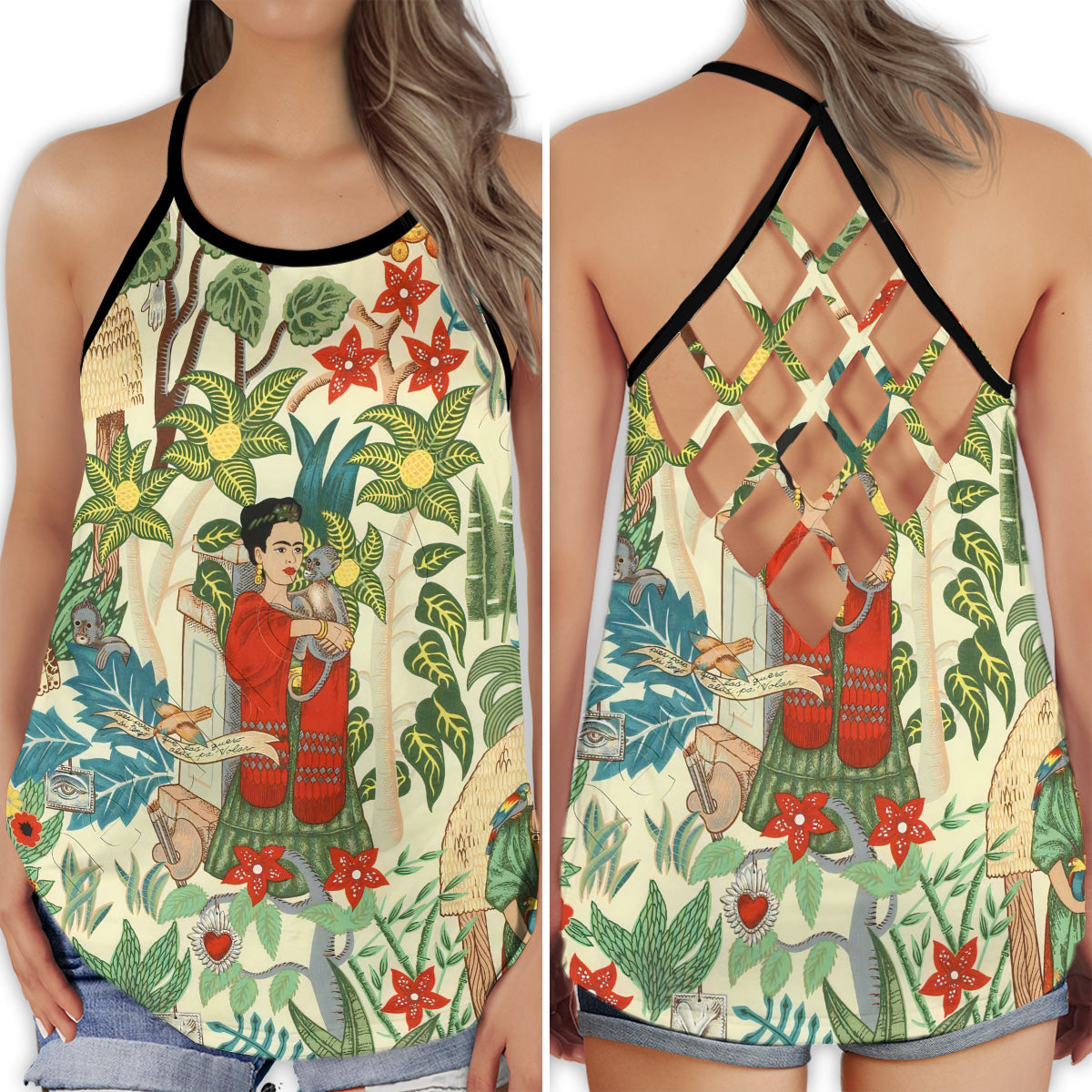 S Frida Kahlo Floral Peace Life - Cross Open Back Tank Top - Owls Matrix LTD