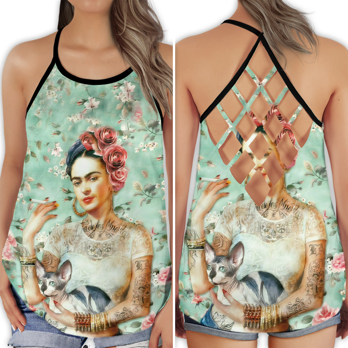 S Frida Kahlo Floral With Dog - Cross Open Back Tank Top - Owls Matrix LTD