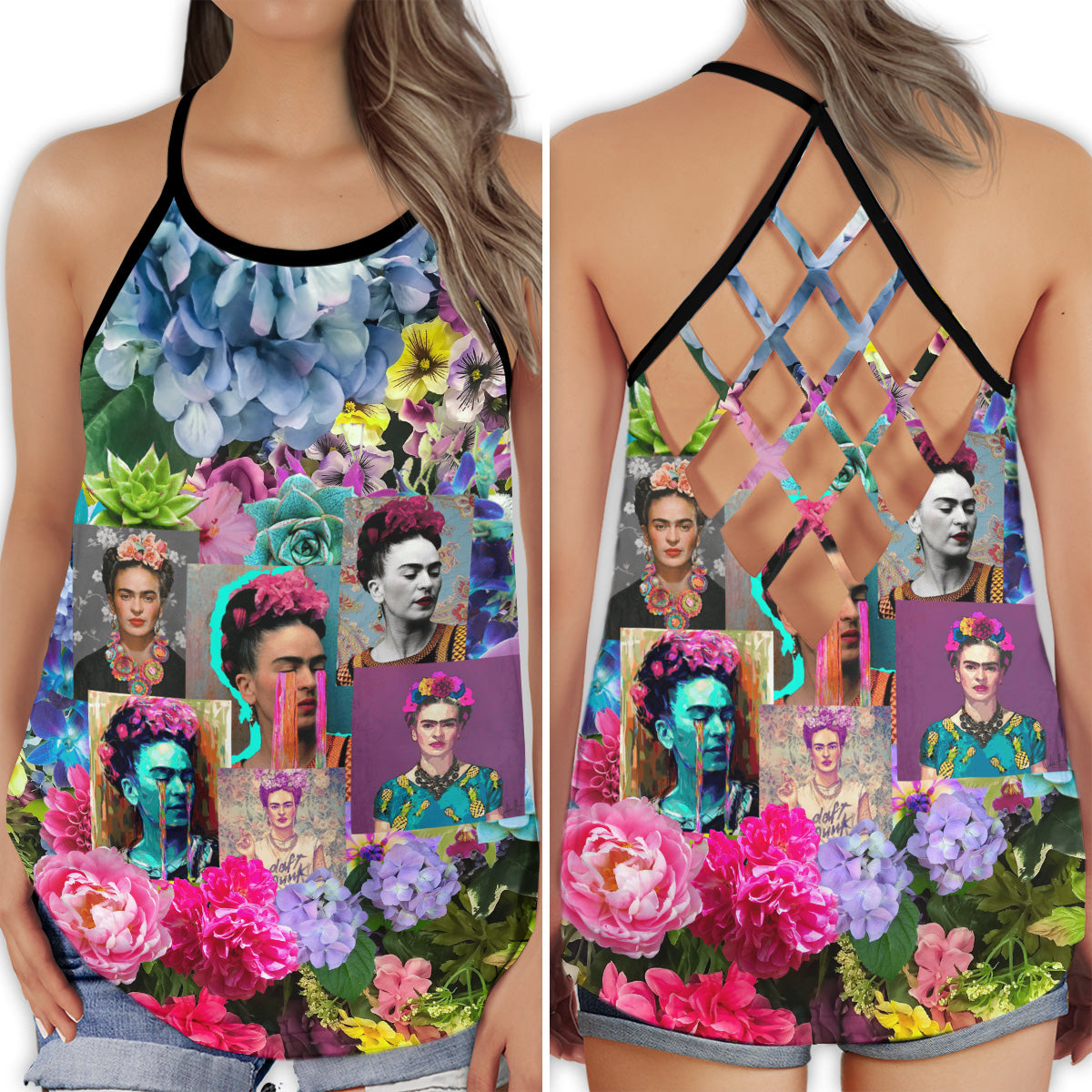 S Frida Kahlo Loves Peace Floral - Cross Open Back Tank Top - Owls Matrix LTD
