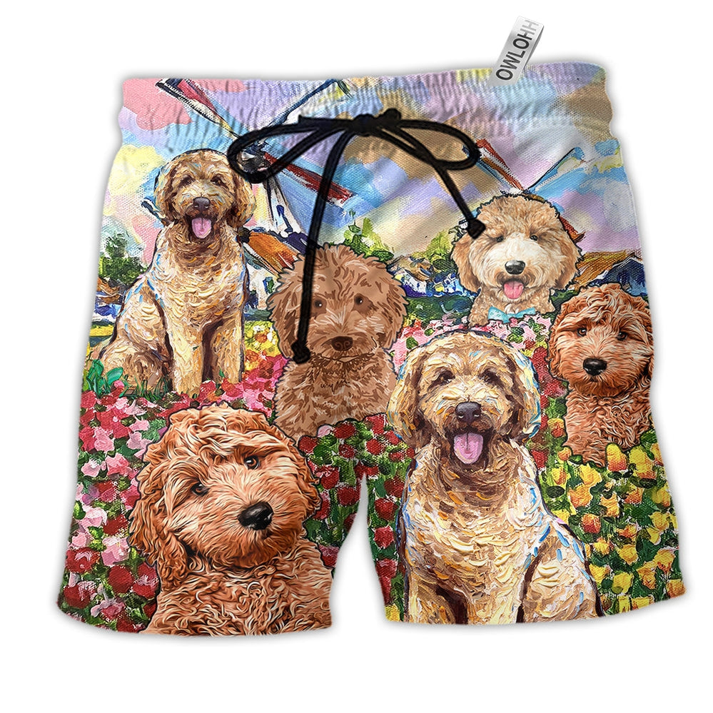 Beach Short / Adults / S Goldendoodle Dog With Lovely Flowers - Beach Short - Owls Matrix LTD