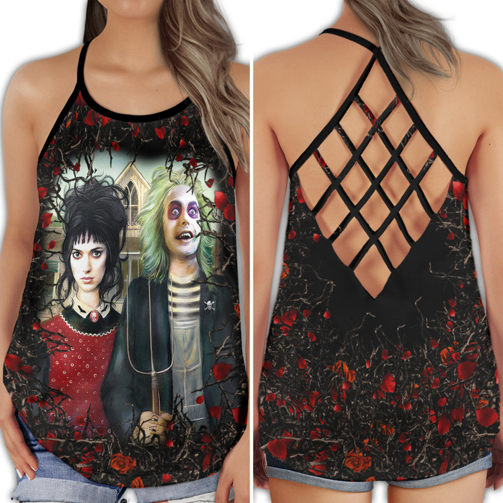 S Gothic Skull Club Style With Couple - Cross Open Back Tank Top - Owls Matrix LTD
