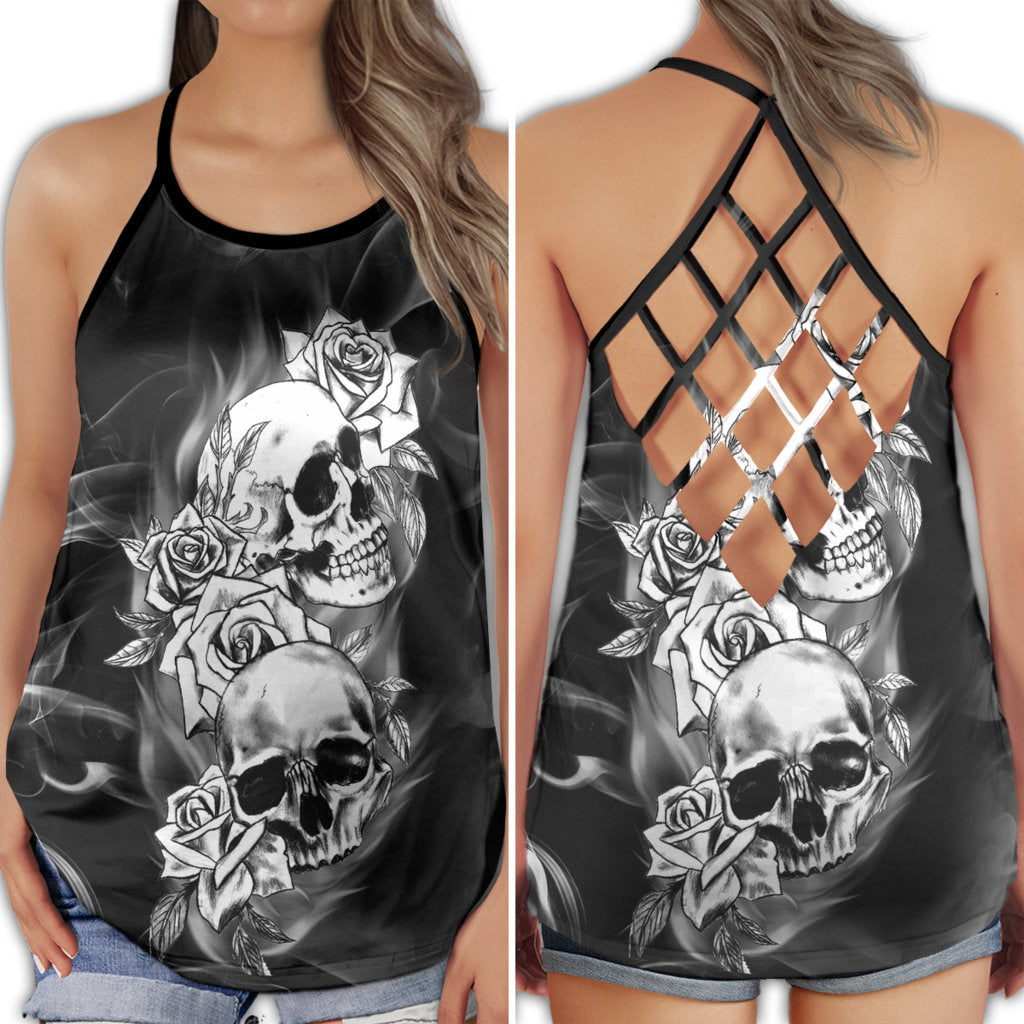 S Gothic Skull Club Style With White Rose - Cross Open Back Tank Top - Owls Matrix LTD