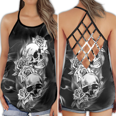 S Gothic Skull Club Style With White Rose - Cross Open Back Tank Top - Owls Matrix LTD