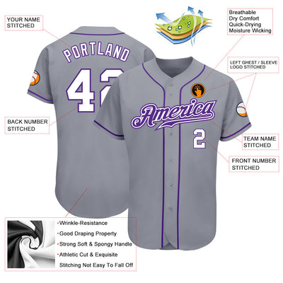 Custom Gray White-Purple Authentic Baseball Jersey