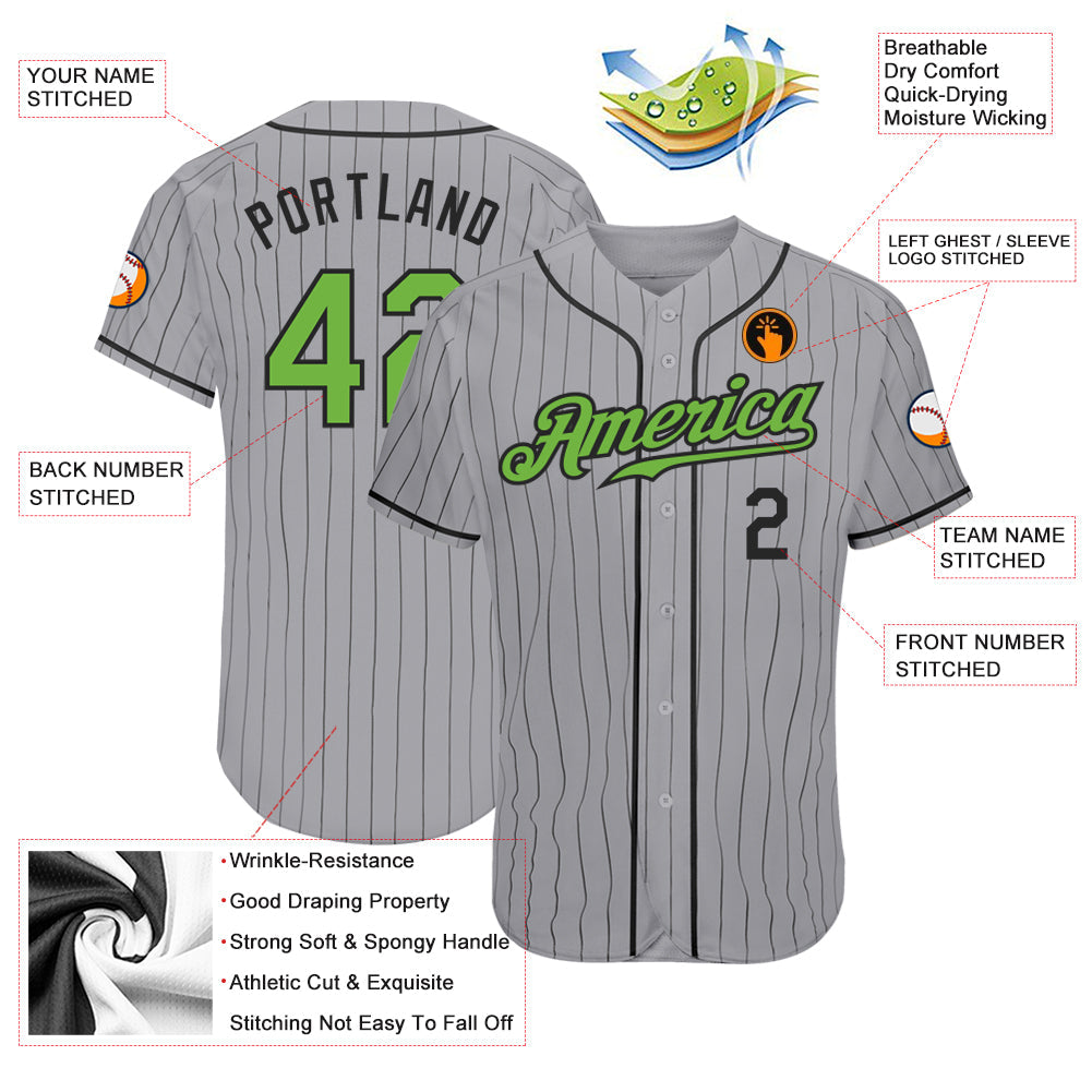 Custom Gray Black Pinstripe Neon Green-Black Authentic Baseball Jersey - Owls Matrix LTD