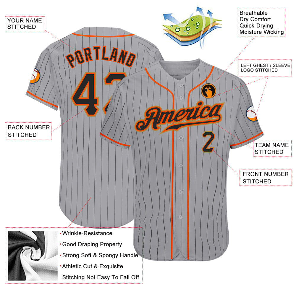 Custom Gray Black Pinstripe Black-Orange Authentic Baseball Jersey - Owls Matrix LTD