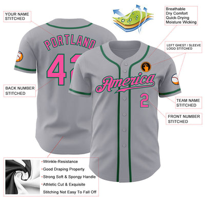Custom Gray Pink-Kelly Green Authentic Baseball Jersey - Owls Matrix LTD