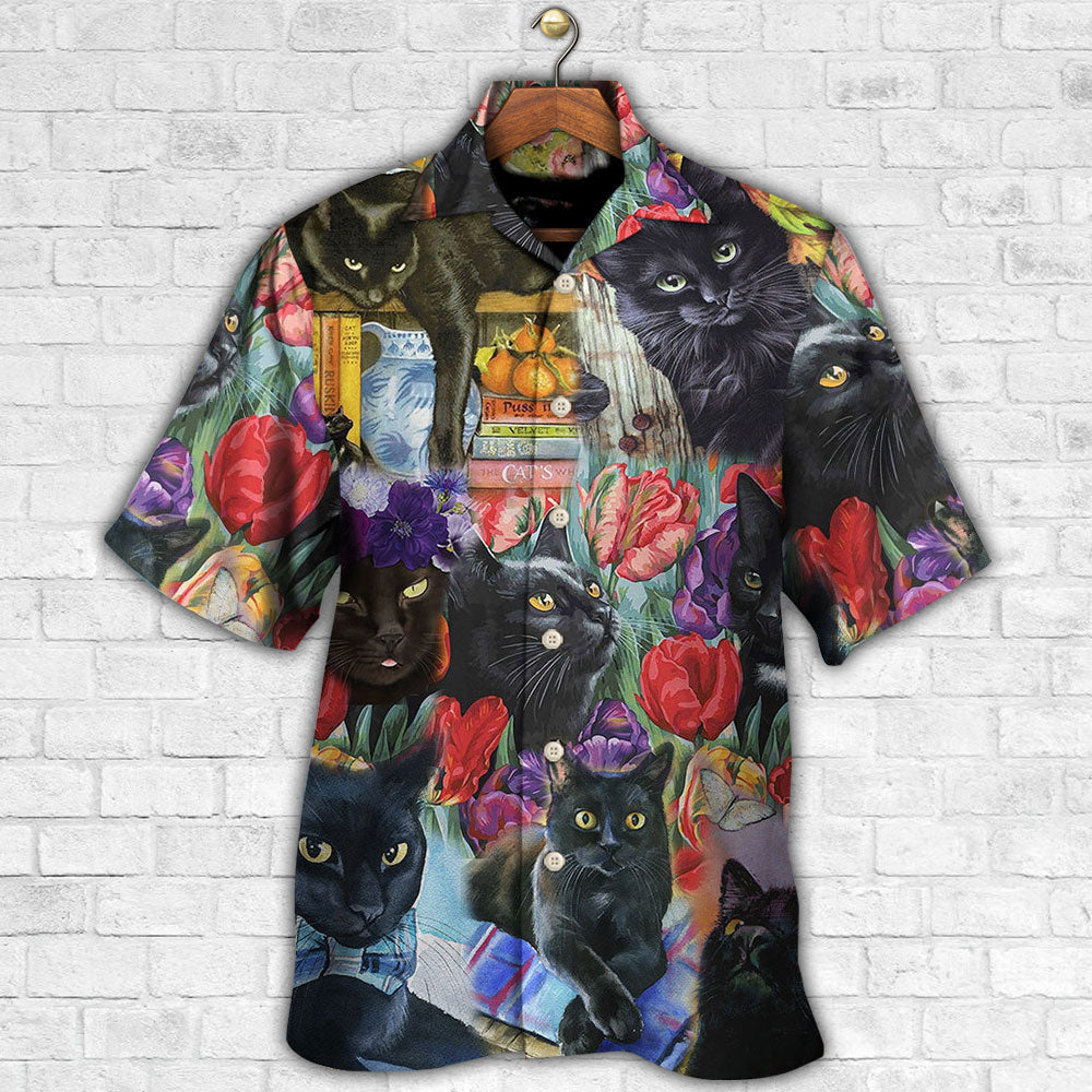 Black Cat Art With Flowers - Hawaiian Shirt - Owls Matrix LTD