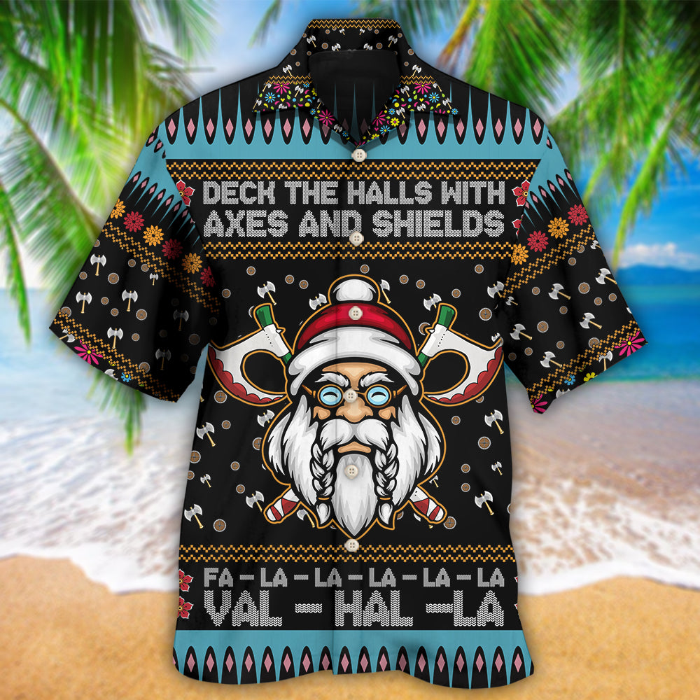 Viking Christmas Deck The Halls With Axes And Shields - Hawaiian Shirt - Owls Matrix LTD