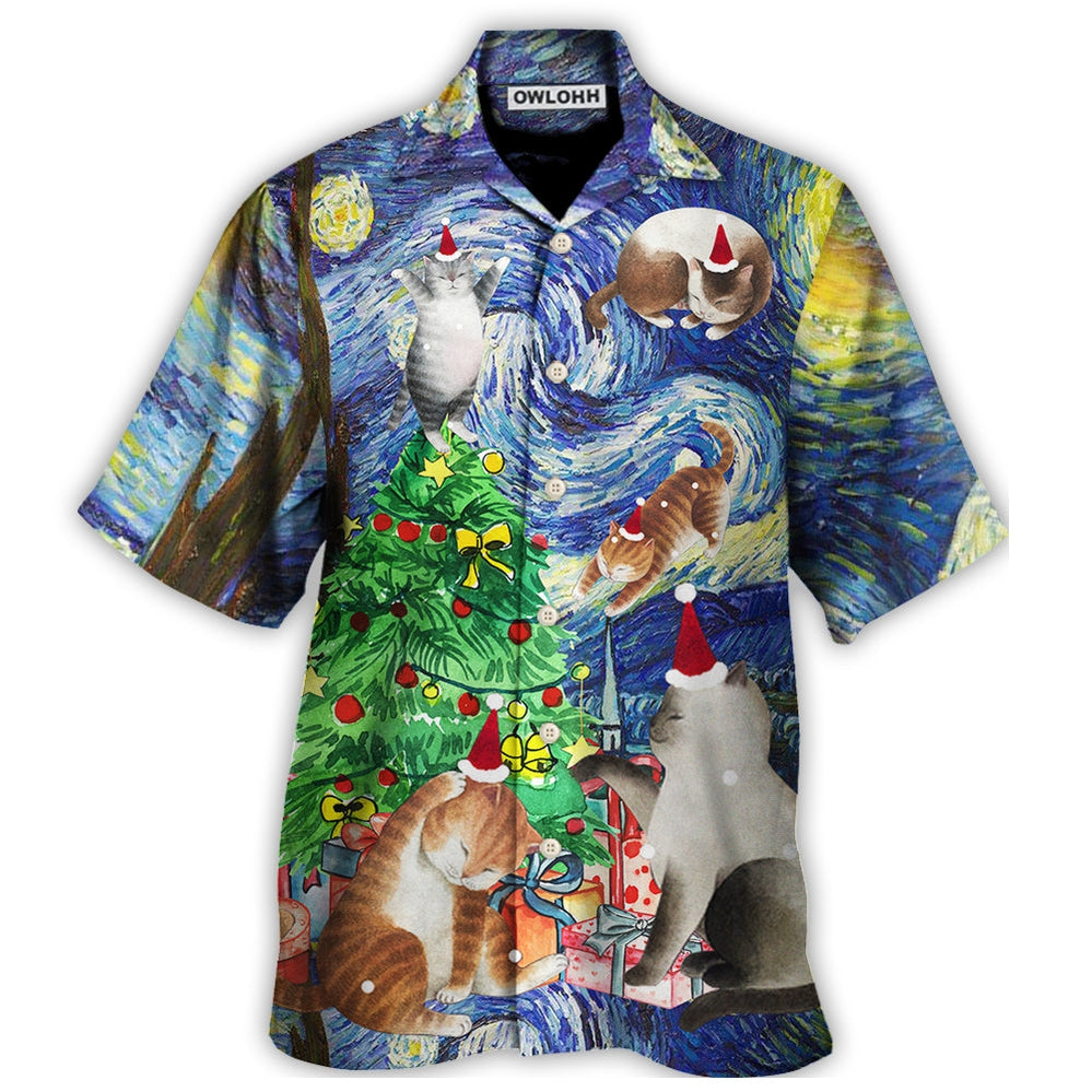 Hawaiian Shirt / Adults / S Christmas Cat Playing In Starry Night - Hawaiian Shirt - Owls Matrix LTD
