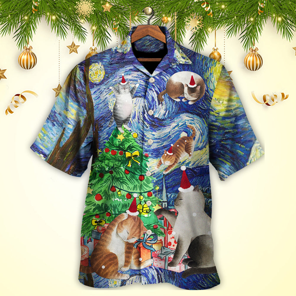 Christmas Cat Playing In Starry Night - Hawaiian Shirt - Owls Matrix LTD